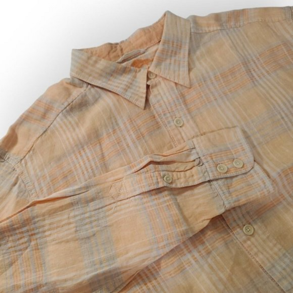 Tommy‎ Bahama Mens XL / X-Large 100% Linen Long Sleeve Plaid Peach Shirt